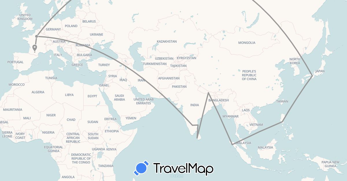 TravelMap itinerary: driving, plane in France, Indonesia, India, Japan, Sri Lanka, Nepal, Philippines (Asia, Europe)